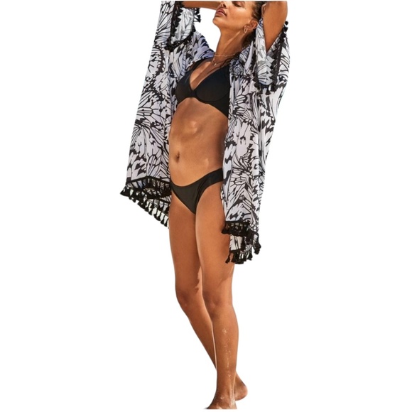 Adore Me Black White Floral Delila Beach Kimono Cover Up Tassle Trim One Size - Picture 1 of 5